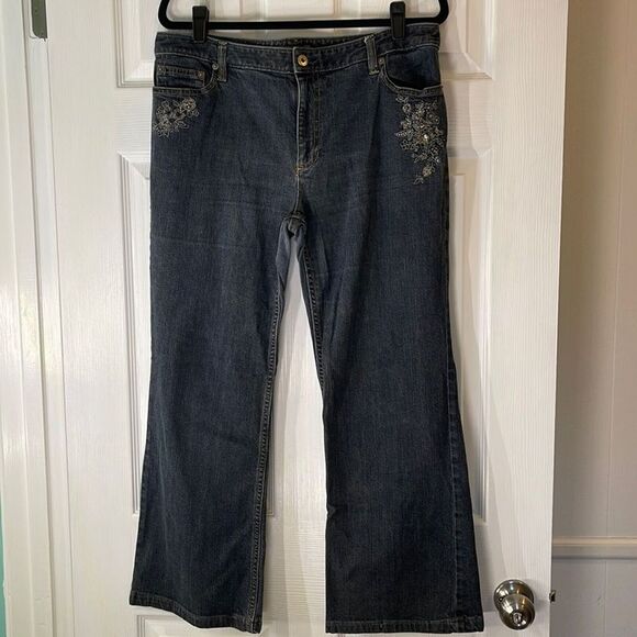 Ann Taylor Y2K Bootcut Jeans 16 Dark Wash Floral Sequin Embroidery Denim - Picture 1 of 8